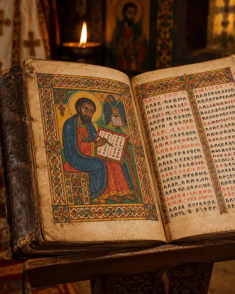 An illuminated Ethiopian gospel manuscript open on a wooden stand, with a painted evangelist and Ge'ez script