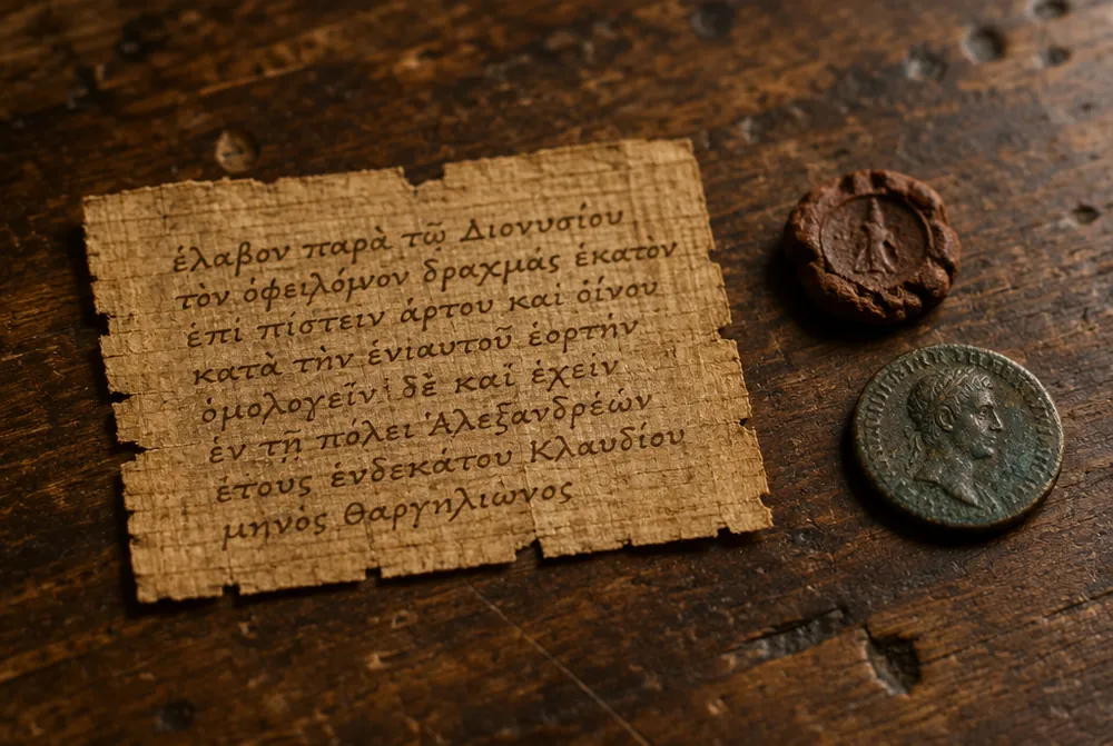 A small papyrus loan receipt with lines of cursive Greek, a wax seal, and a bronze coin on a worn table