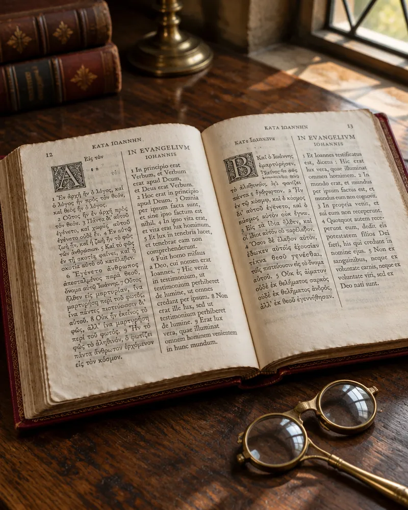 A Renaissance printed New Testament open on an oak desk, Greek type beside Latin, with a brass reading glass