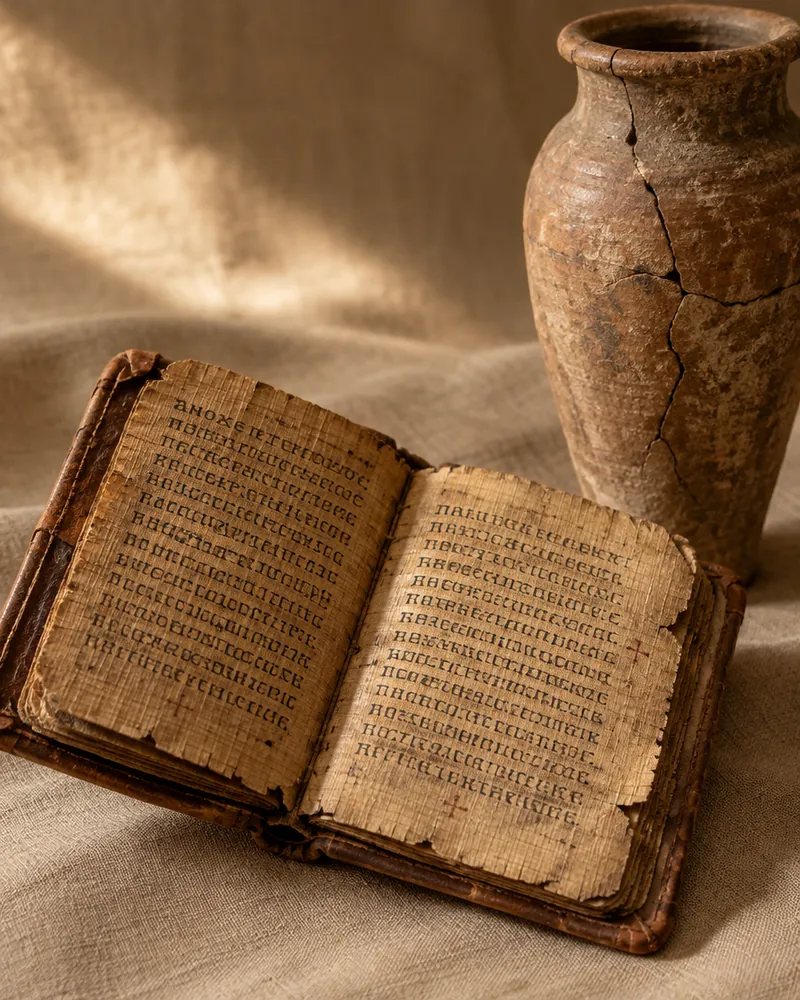A small Coptic papyrus codex bound in worn leather, open beside a cracked clay jar