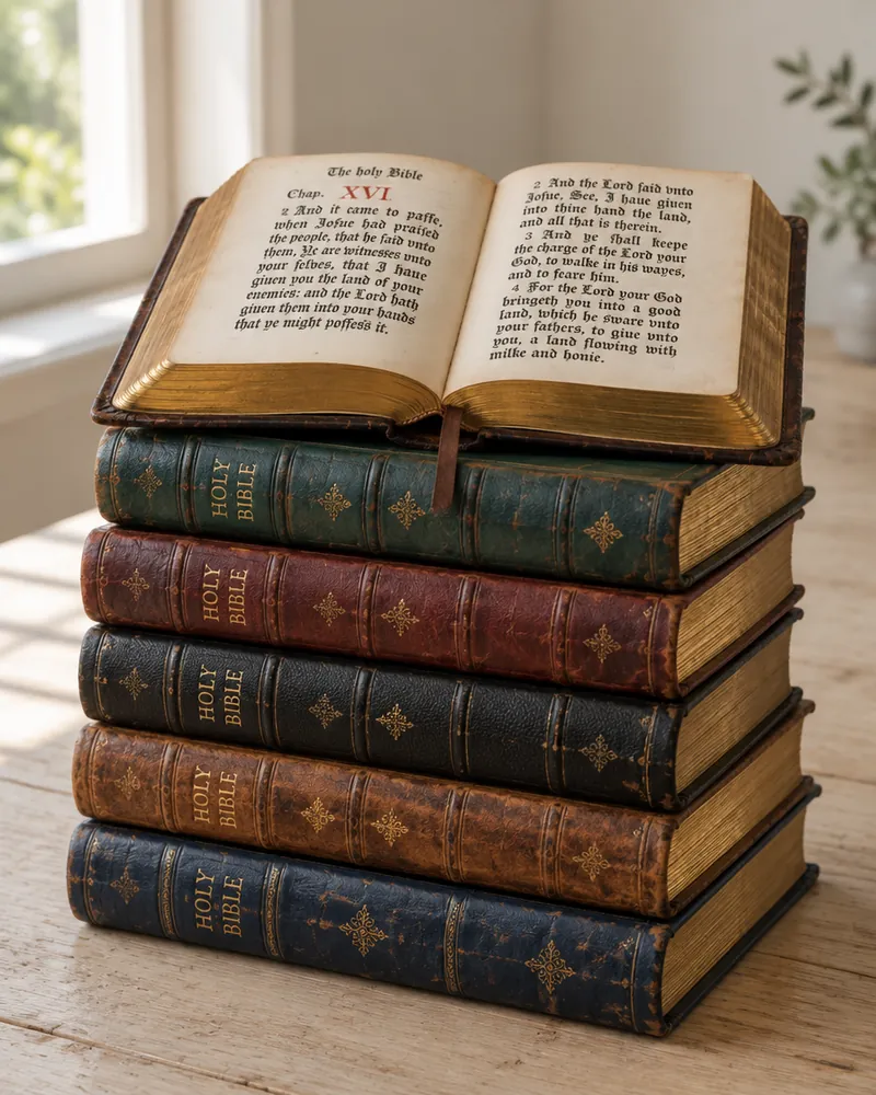 A stack of old leather-bound Bibles, the top one open to a page of blackletter type