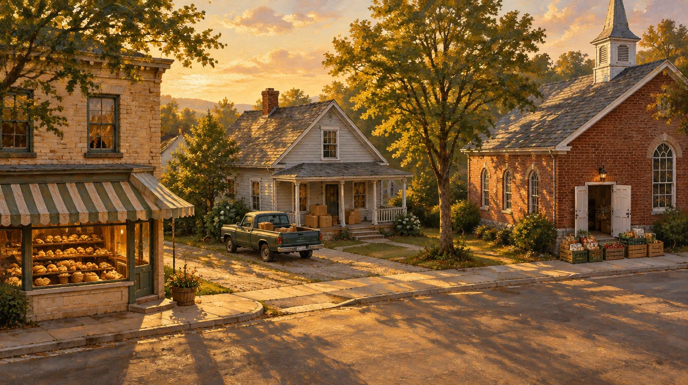A painting of a small-town street at golden hour: a bakery with a striped awning, a house with a pickup truck and moving boxes, and a brick church hall with crates of food by the door