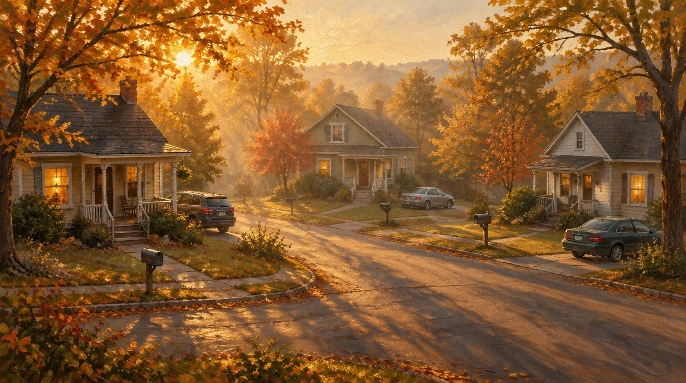A painting of a quiet street at sunrise with three houses, warm light in the windows